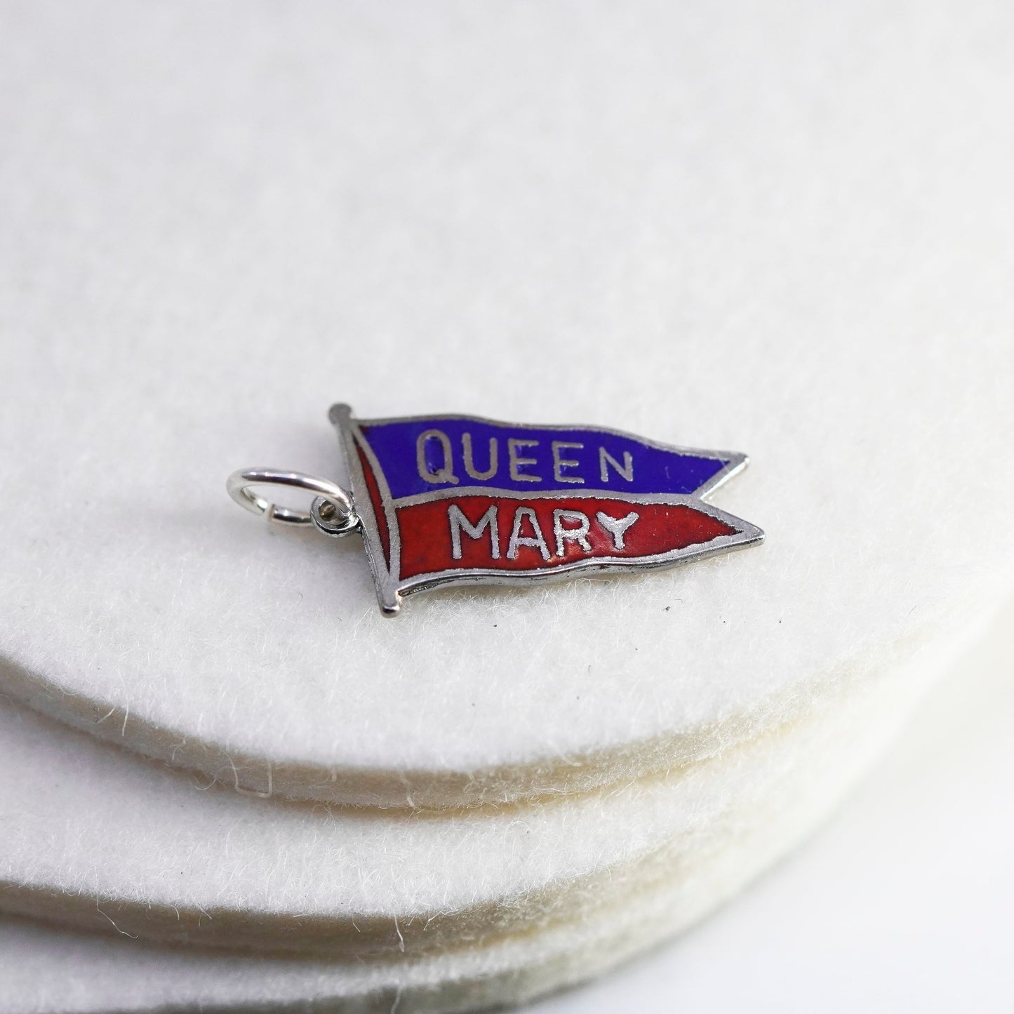 Vintage sterling 925 silver enamel charm with flag embossed “Queen Mary”