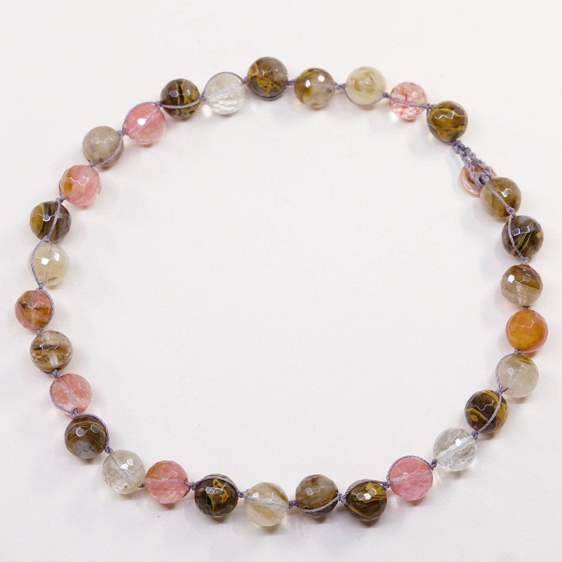 18”, vtg handmade Checker Cut agate quartz beads with linen thread necklace