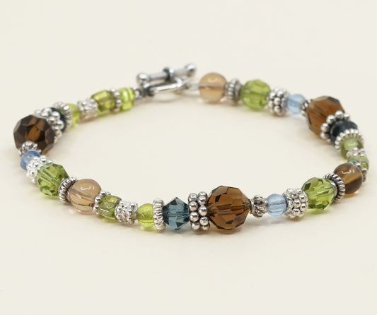 6.75", vtg Sterling silver handmade bracelet, 925 beads n green Swarovski