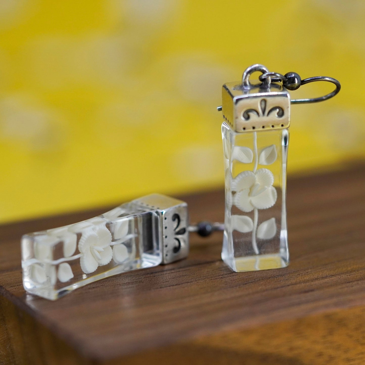 Vintage Sterling 925 silver handmade earrings with floral glass drops