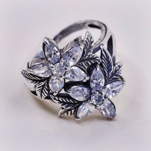 Size 8.25, Vtg Cadena Jewelry Sterling 925 Silver Handmade Flower Ring w/ Cz