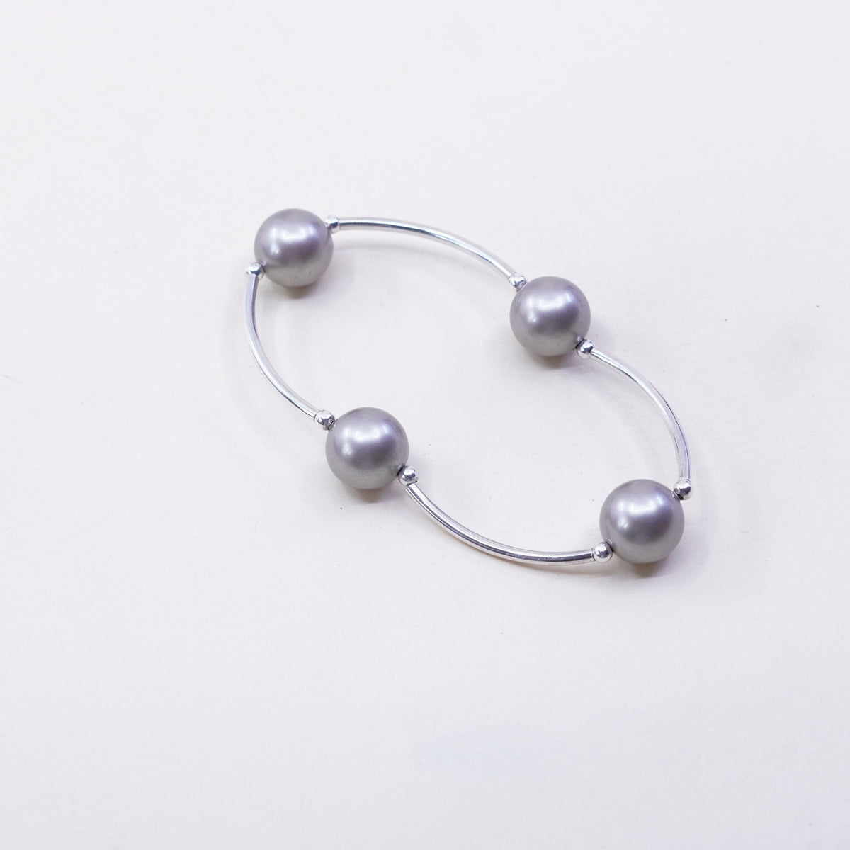 6”, Vintage handmade sterling 925 silver bar with gray pearl bracelet