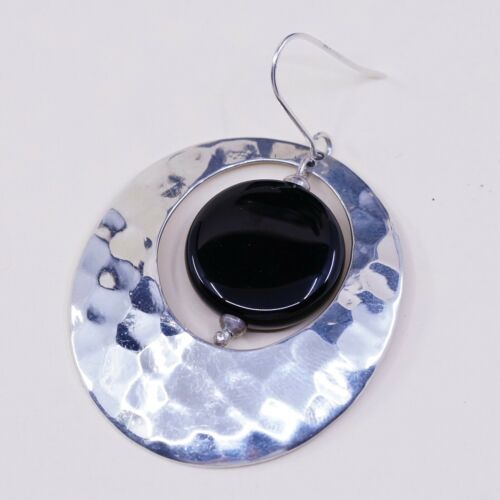 Vintage Sterling Silver Handmade Earrings, 925 Huge Hammered Circle W/ Obsidian