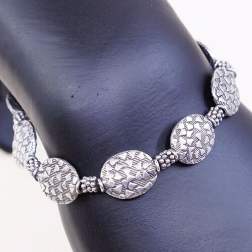 7” Vintage Sterling Silver Handmade Bracelet, 925 Flatten Oval Charms