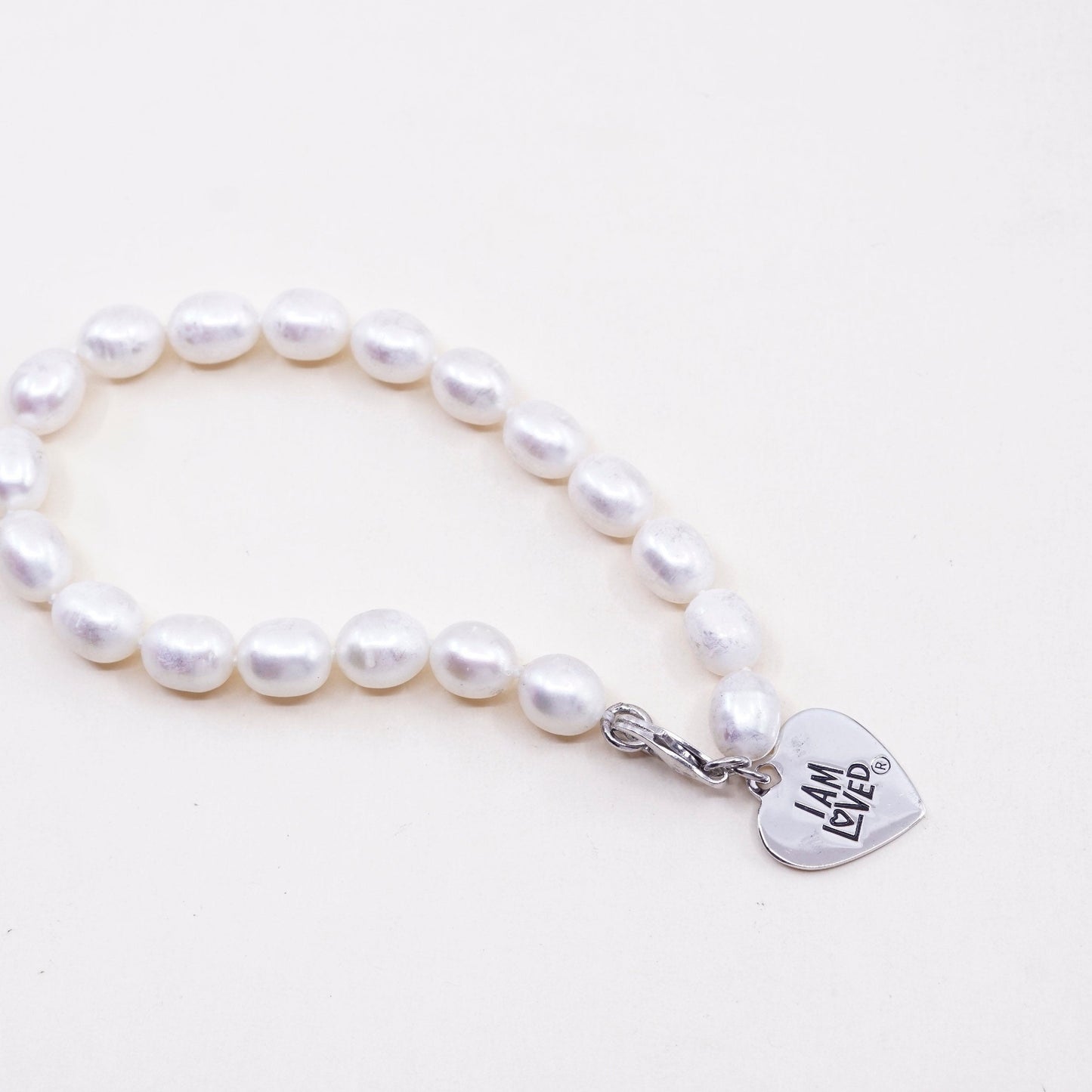 7”, vtg sterling silver bracelet, pearl beads with 925 heart charm “I am loved