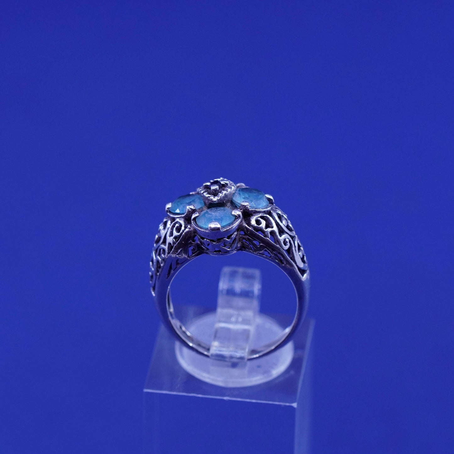 Size 6, vtg Sterling silver engagement ring, 925 filigree band topaz sapphire