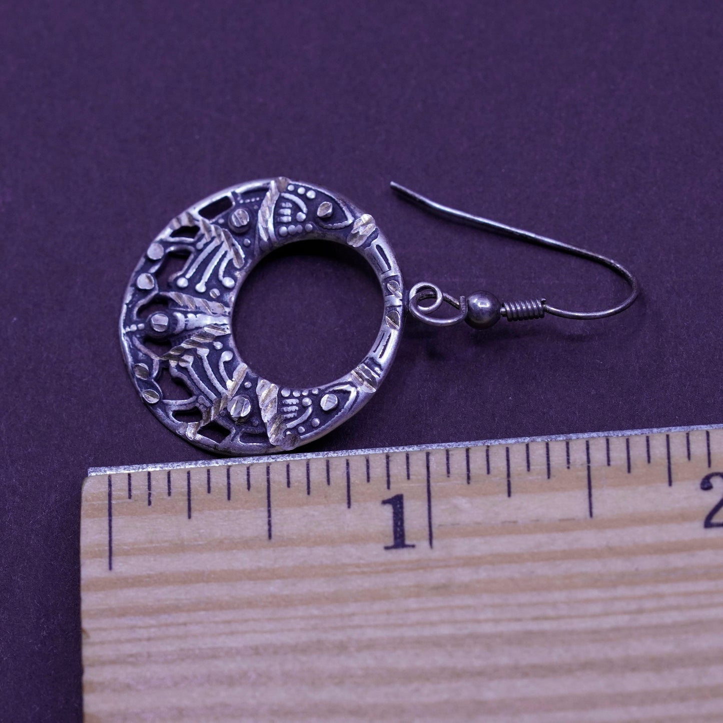 Vintage Sterling silver handmade earrings, 925 textured circles dangle