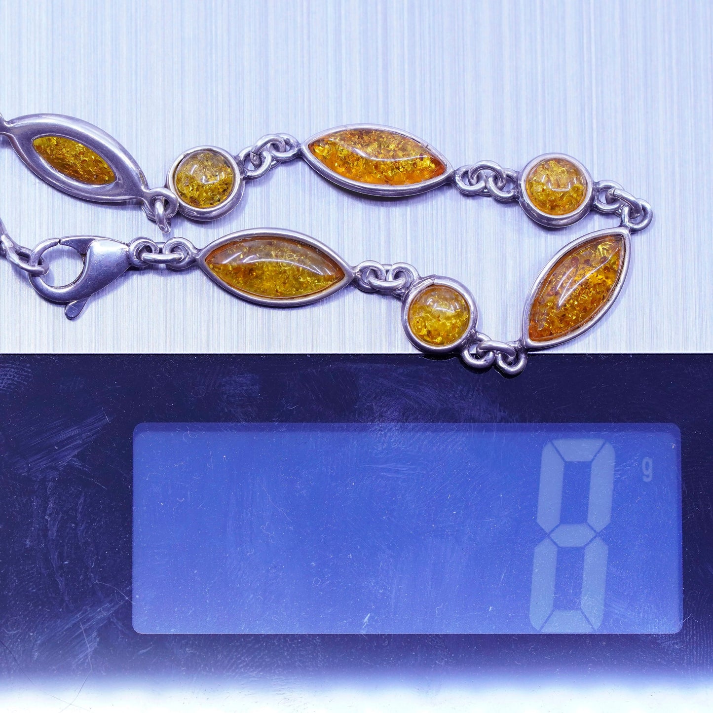 6.75”, Sterling 925 silver handmade tennis bracelet chain with marquise amber