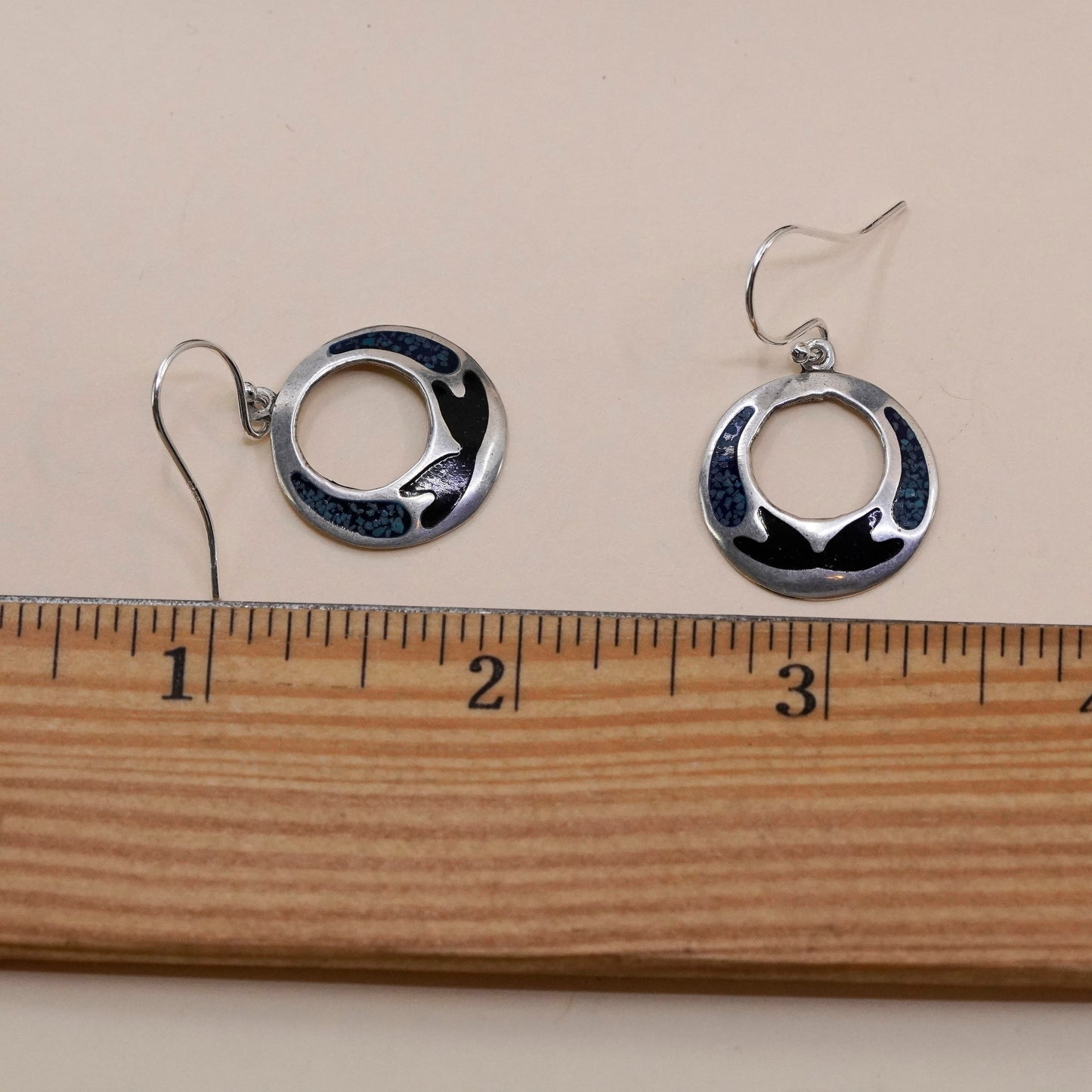 Vintage sterling silver handmade earrings, mexico 925 circle with turquoise