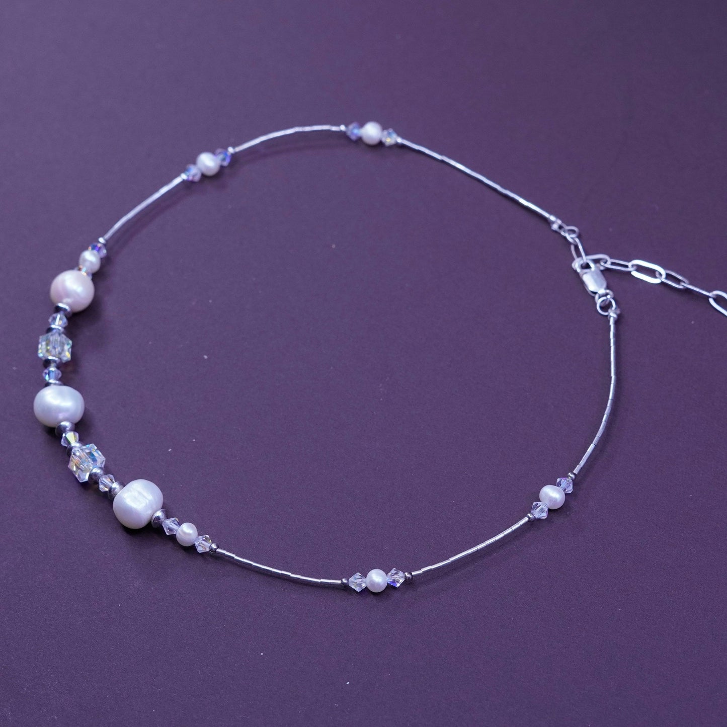 15+2”, Sterling 925 liquid silver handmade necklace freshwater pearl crystal