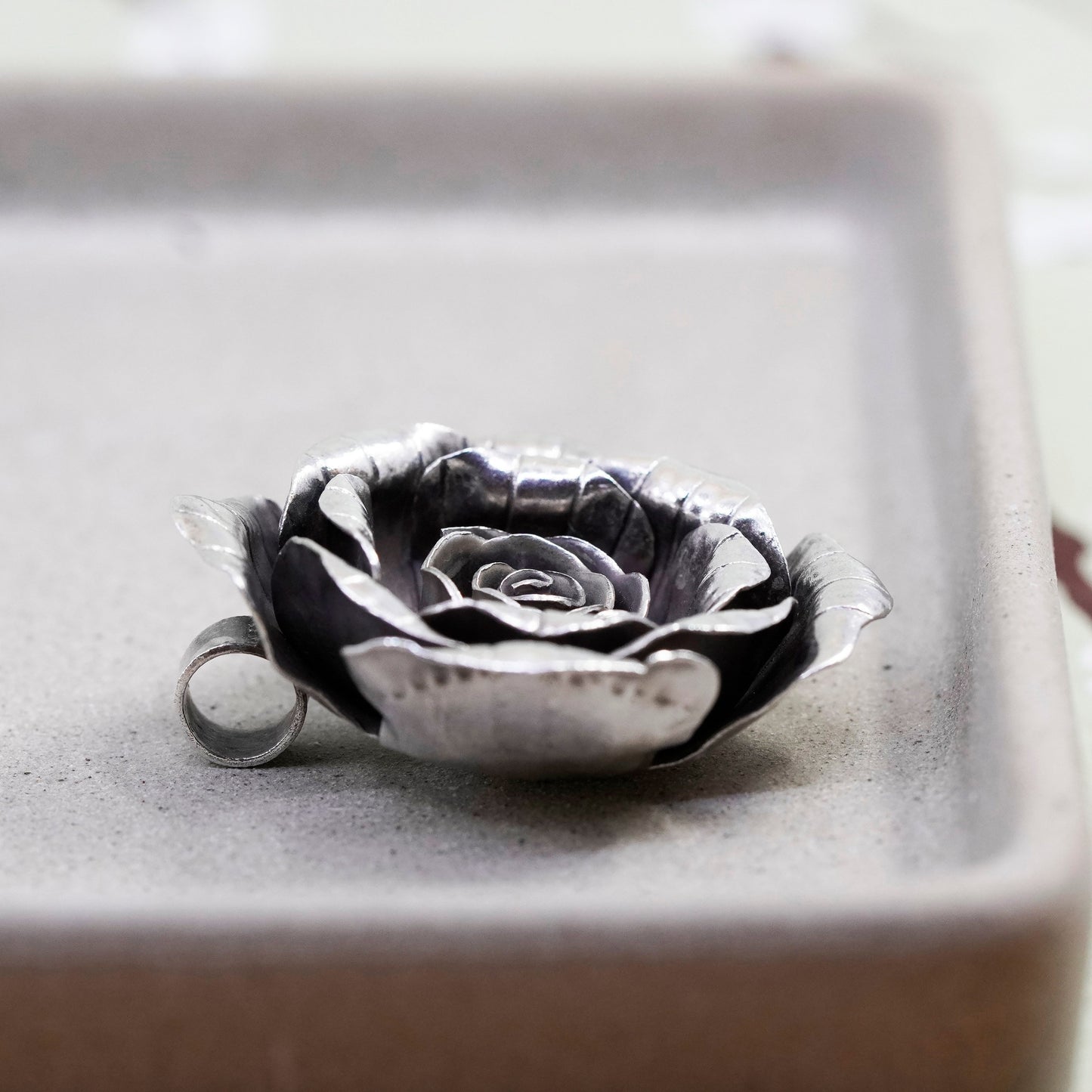 Vintage Mexico Sterling silver handmade pendant, 925 3D rose flower