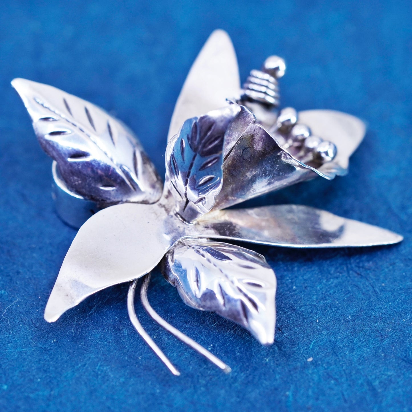 Vintage TAXCO PC Mexico Sterling 925 Silver handmade Orchid Flower Brooch pin