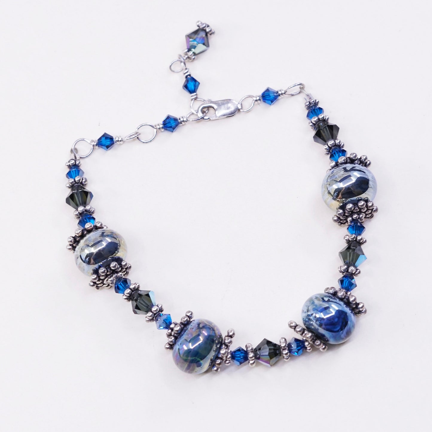 6.5+1”, vtg Sterling silver handmade bracelet, 925 beads w/ blue crystal beads