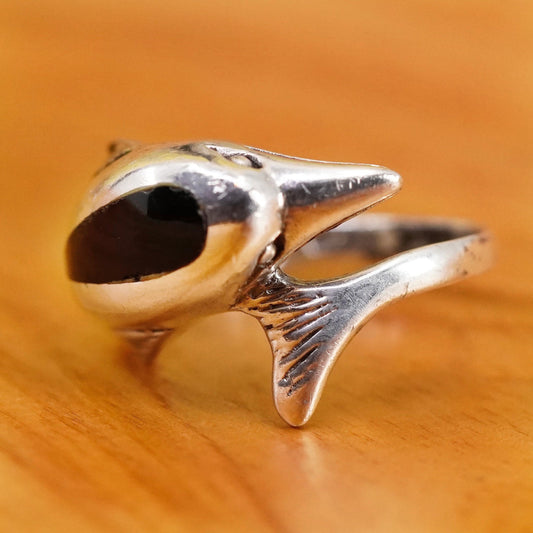 Size 8, vintage Sterling 926 silver handmade dolphin ring band with obsidian