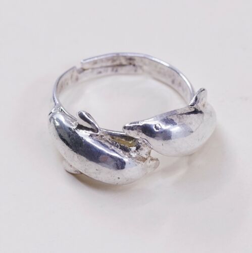 Sz Adjustable, Vtg Sterling Silver 925 Double Dolphin Band Ring, Silver Tested
