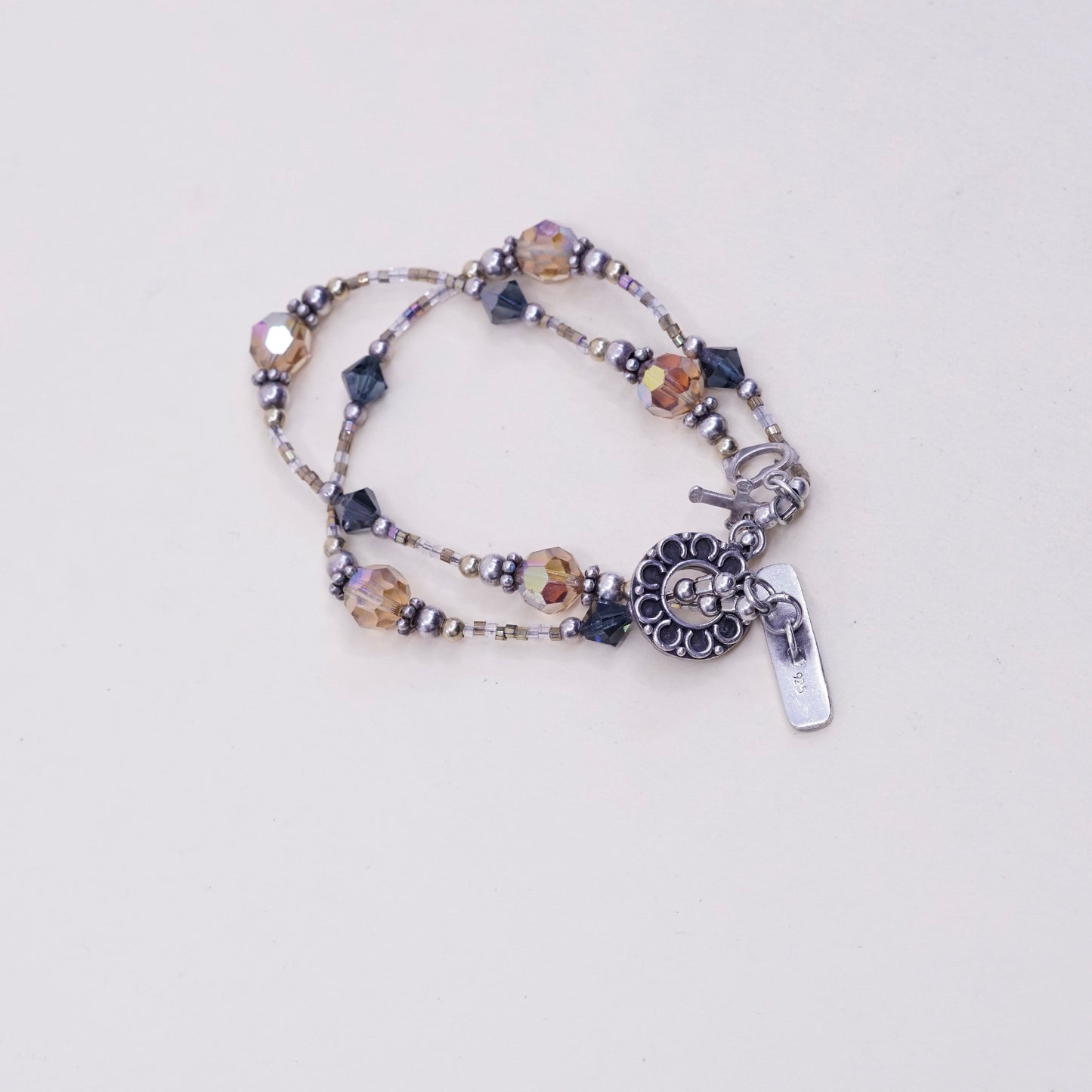 6.75”, sterling 925 silver bracelet w/ topaz crystal beads N cross heart charms