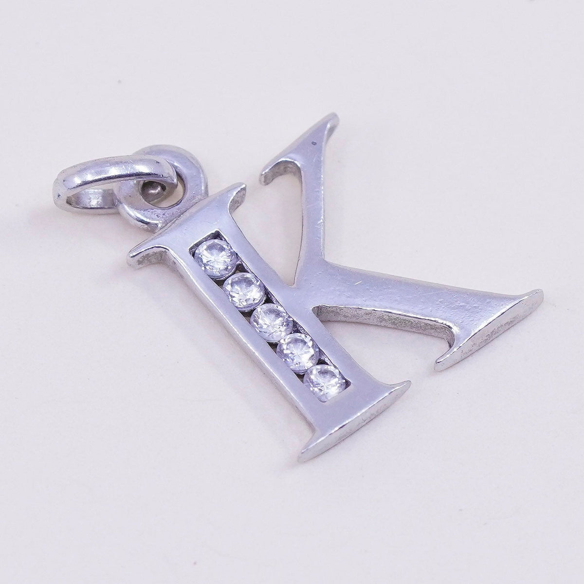 Vintage sterling silver handmade pendant, 925 initial “K” charm with cz