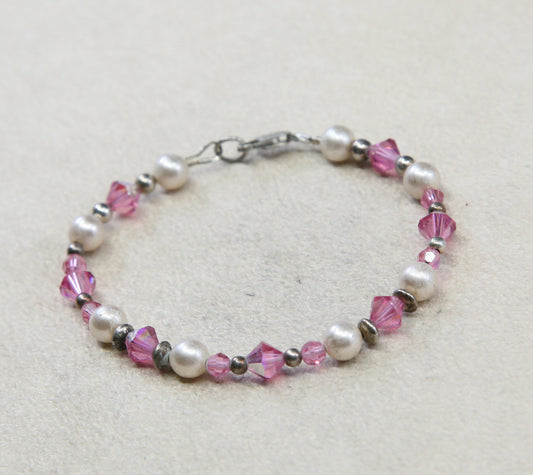 6.5”, VTG Sterling silver handmade bracelet, pearl beads w/ pink crystal