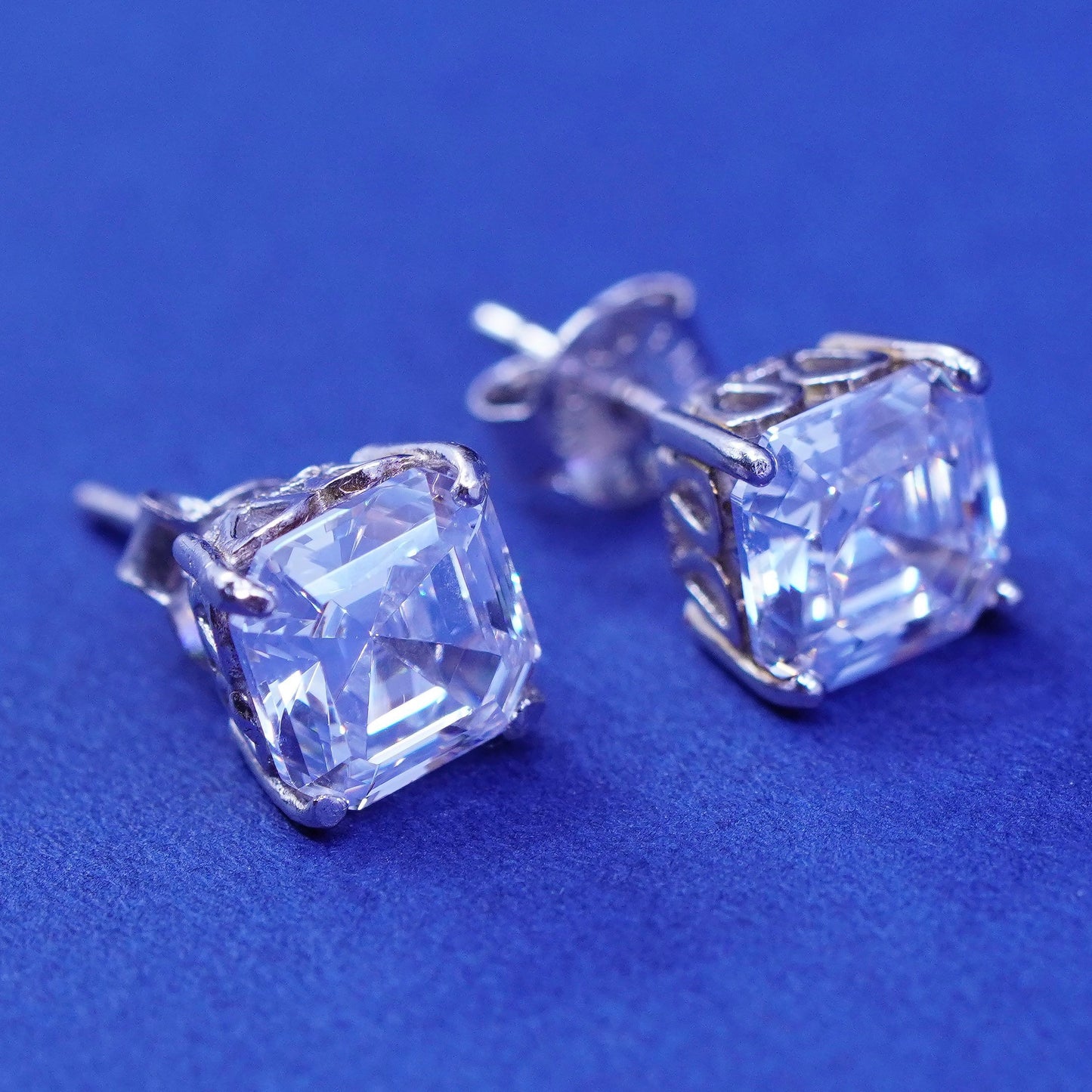 8mm, Vintage sterling silver handmade earrings, square 925 silver studs with CZ