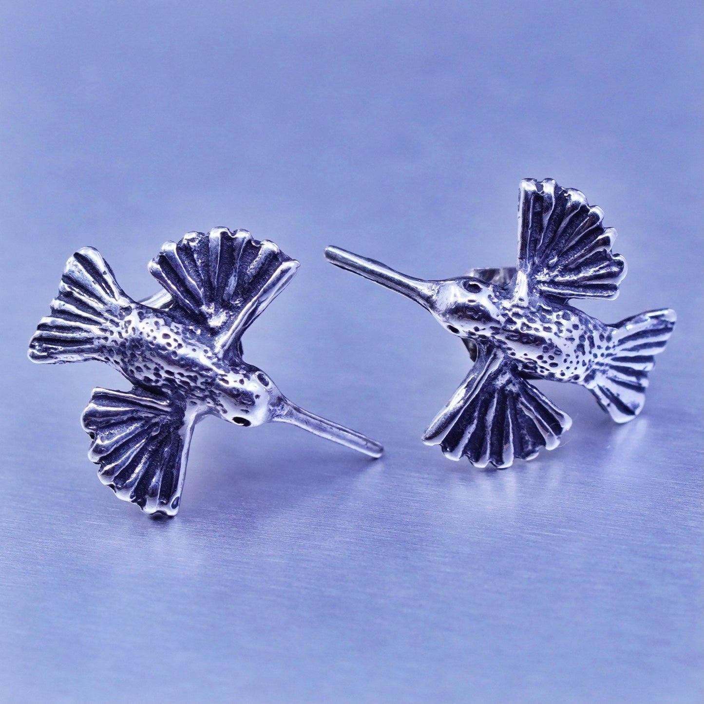 Vintage Sterling silver handmade earrings, 925 hummingbird bird studs
