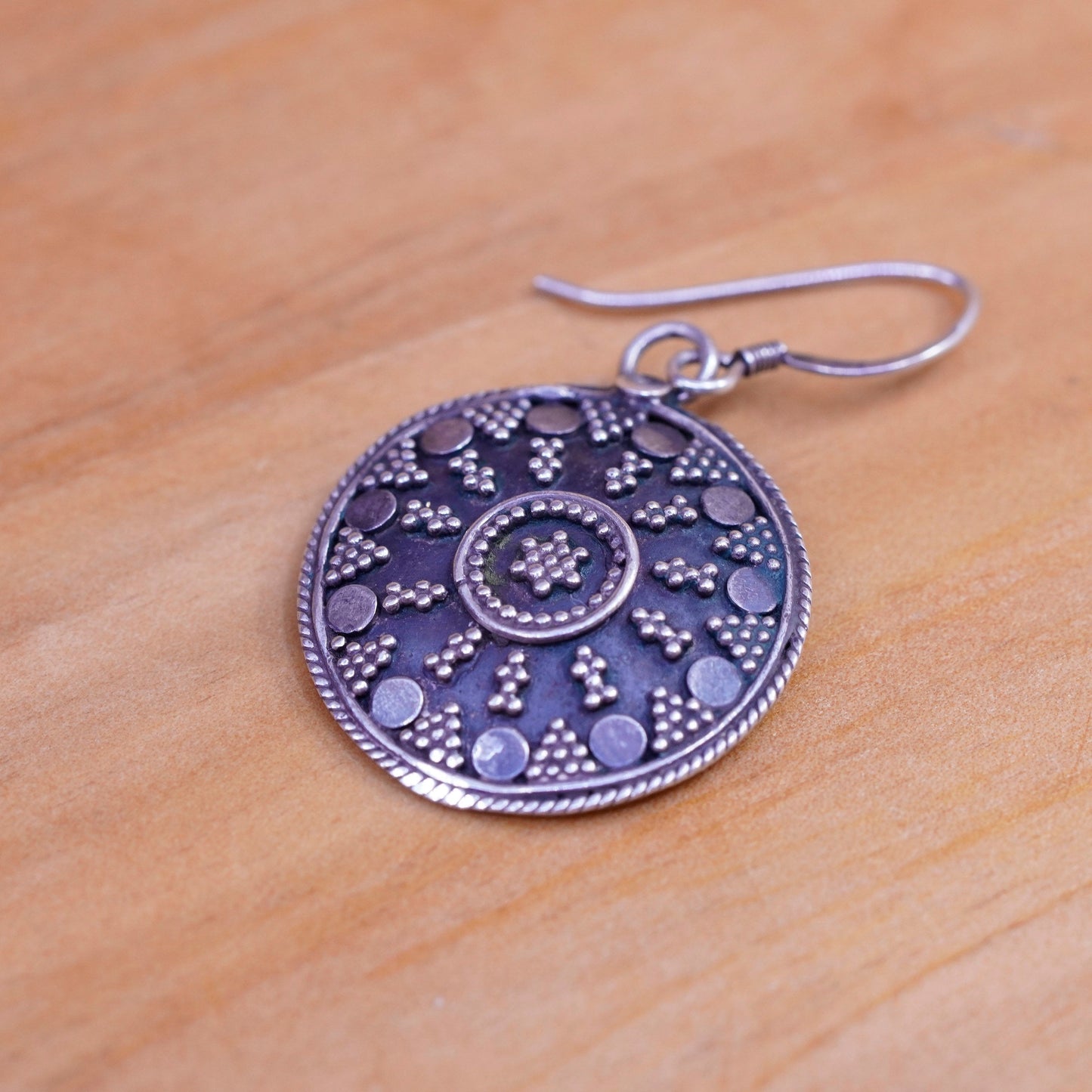 Vintage Sterling silver handmade earrings, 925 beaded disc drops