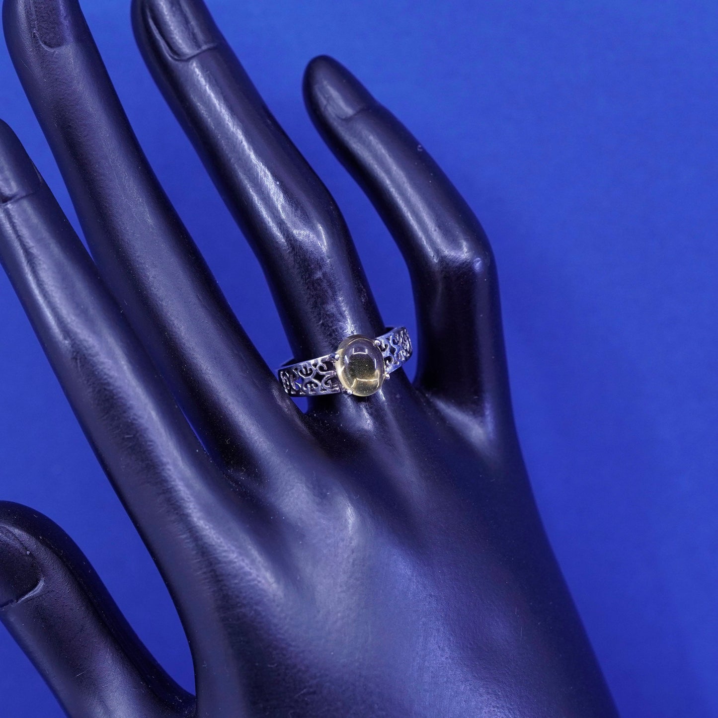 Size 7.25, vintage sterling 925 silver handmade filigree ring w/ yellow citrine