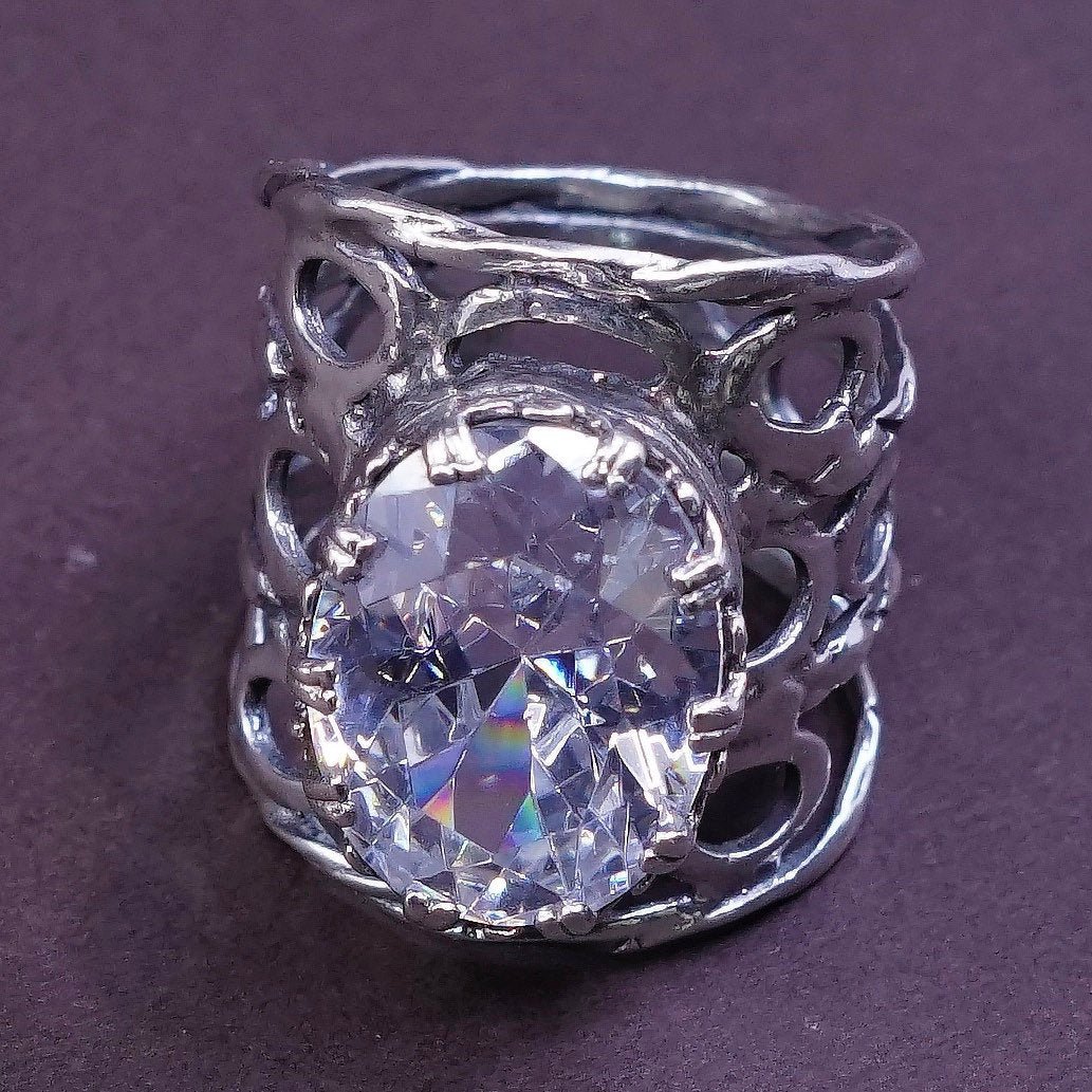 sz 7, vtg Israel Sterling silver handmade ring, 925 statement band w/ cz
