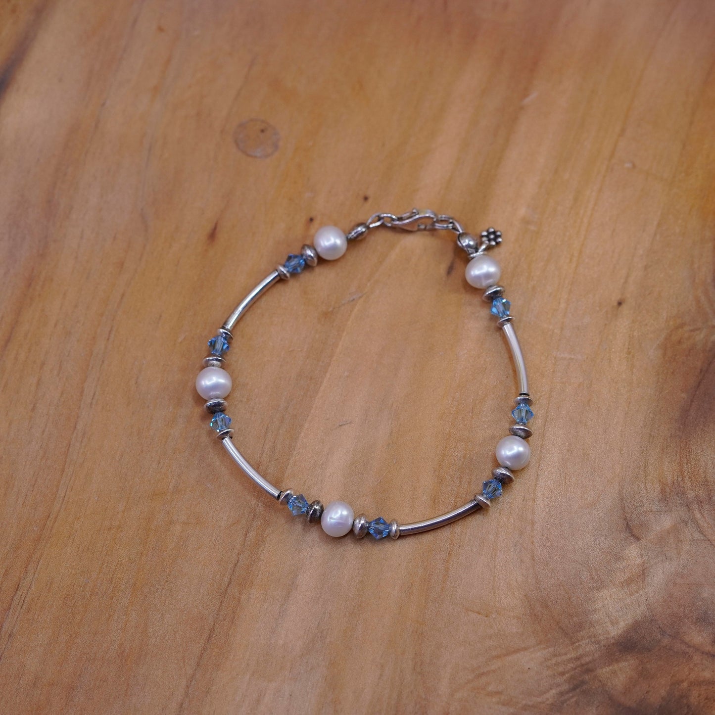 6.75”, Sterling silver handmade beads bracelet, 925 bar chain pearl crystal
