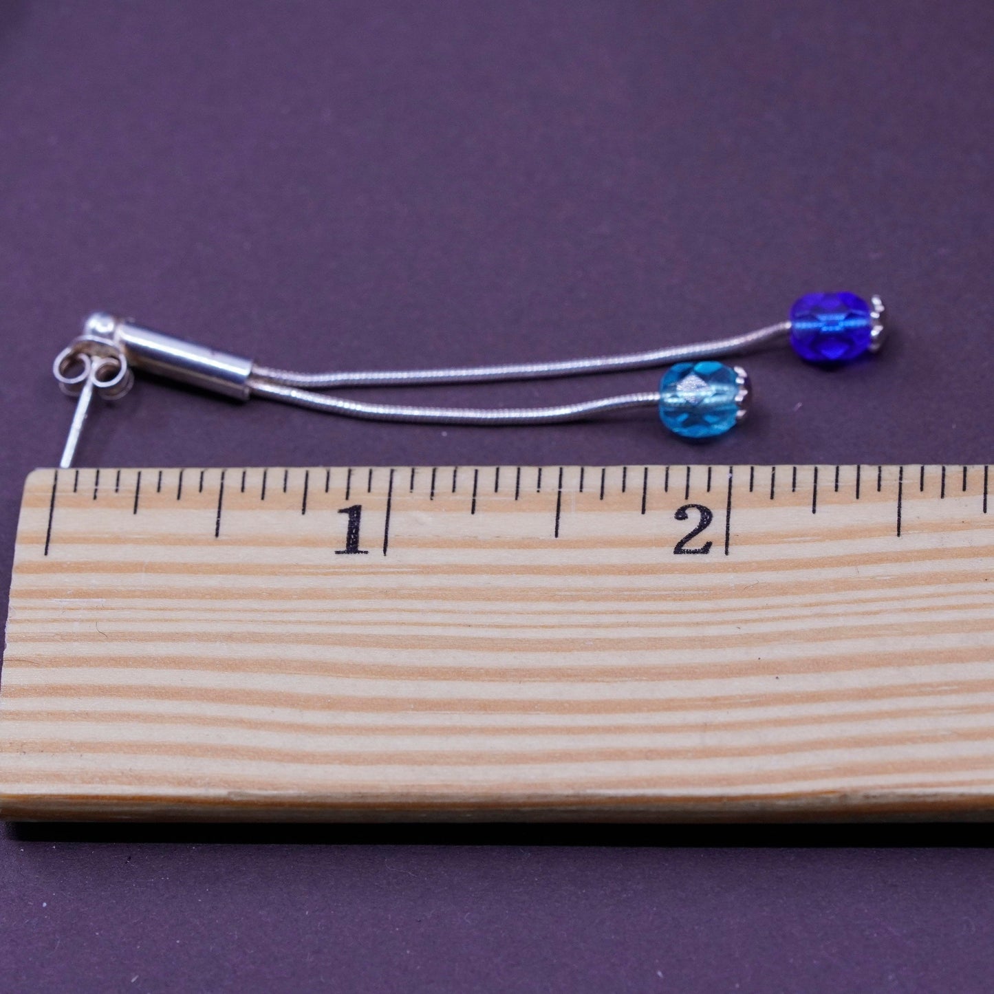 Vintage Sterling 925 silver handmade long earrings with blue Swarovski crystal