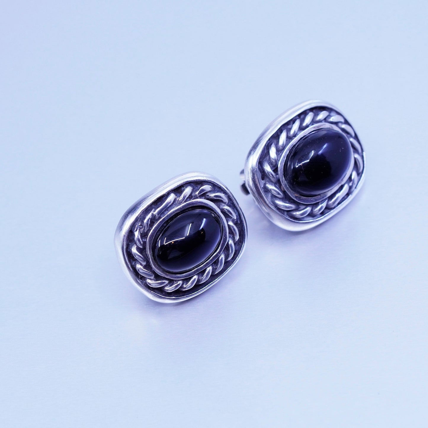 Vintage Sterling 925 silver handmade earrings, clip on w/ black onyx and cable