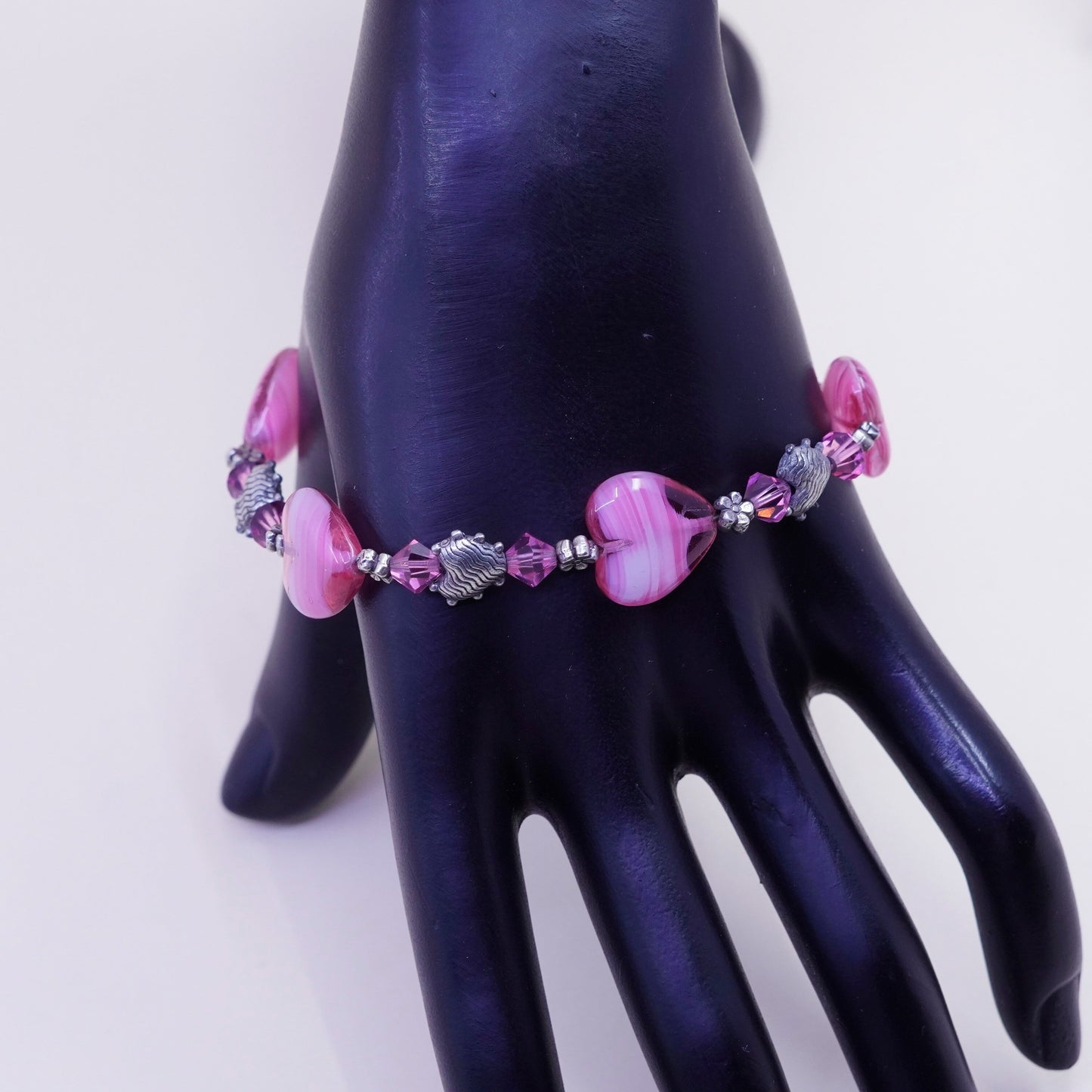 7.75”, vintage 925 Sterling silver beads bracelet w/ artisan pink glass heart