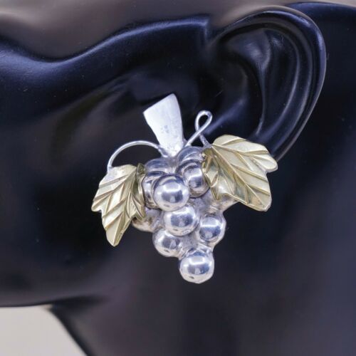 Two Tone Sterling Silver Handmade Grapes Earrings, Mexico 925 Studs W/ Leaf Vine