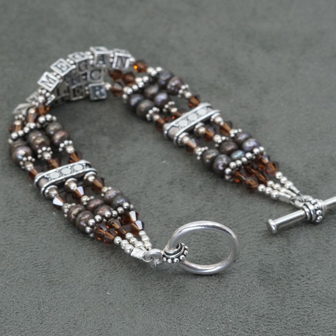 6.75", VTG Sterling silver handmade bracelet w/ crystal beads amber Alec, Megan