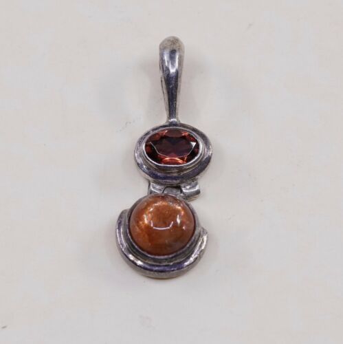 Vtg Handmade Sterling Silver 925 Pendant, Solid 925 Silver W/ Garnet N Ruby
