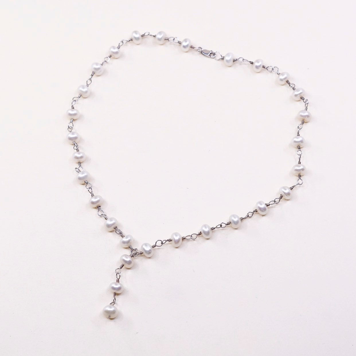 16", vtg italy handmade Sterling silver bead link chain with pearl beads