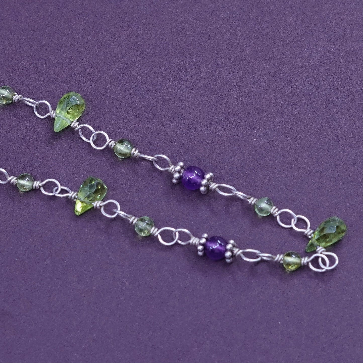 16”, Sterling silver Handmade necklace 925 circle chain peridot amethyst nugget