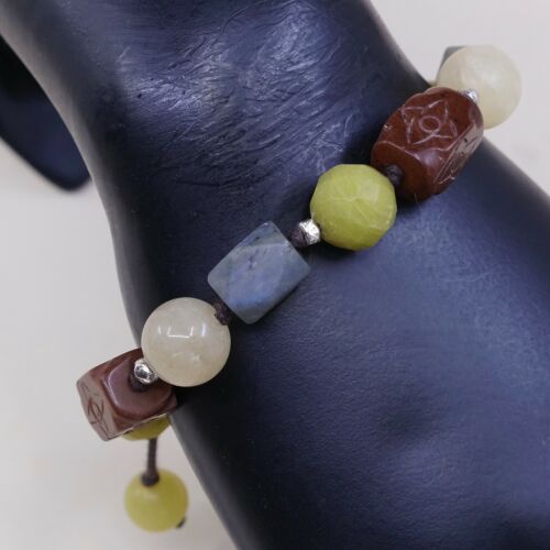 Size Adjustable, Waxed Threaded Mexico Handmade Jade N Jasper Bead Bracelet