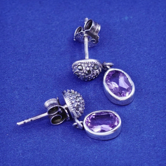 Vintage sterling 925 silver handmade earrings with oval amethyst and marcasite