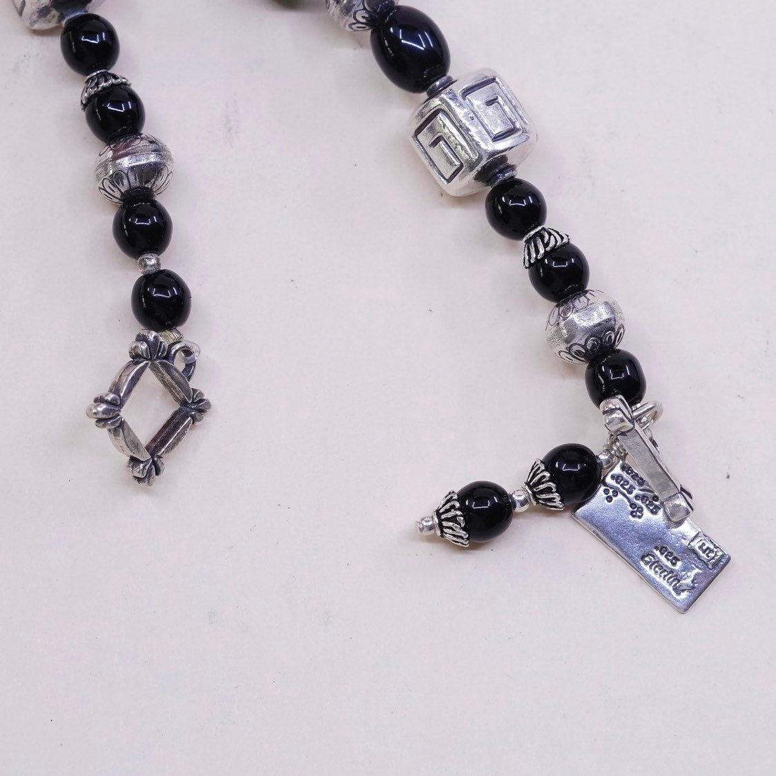 7", Sterling silver bracelet, Mexico 925 w/ obsidian beads N love letter charm