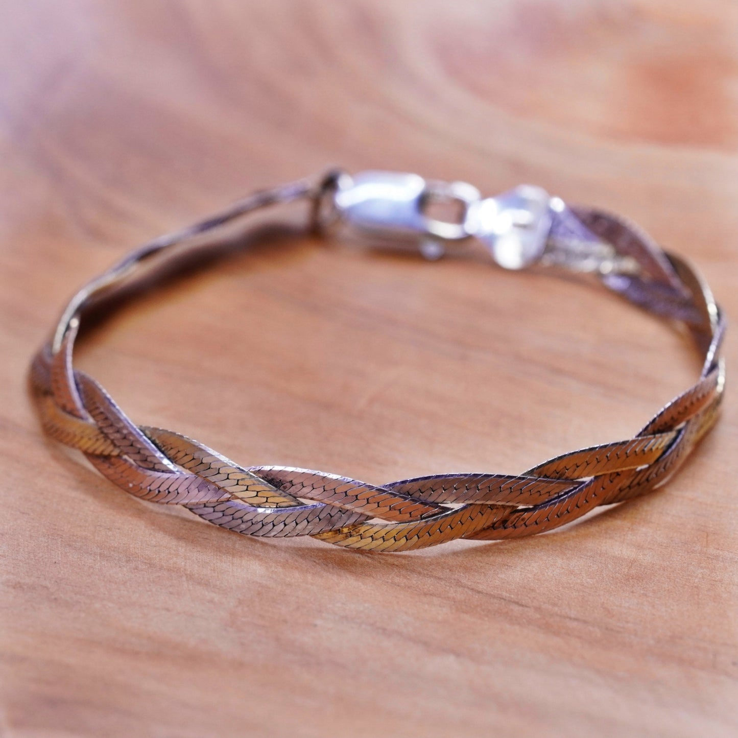 7”, gold Sterling silver braided woven herringbone bracelet Italy 925 Chain