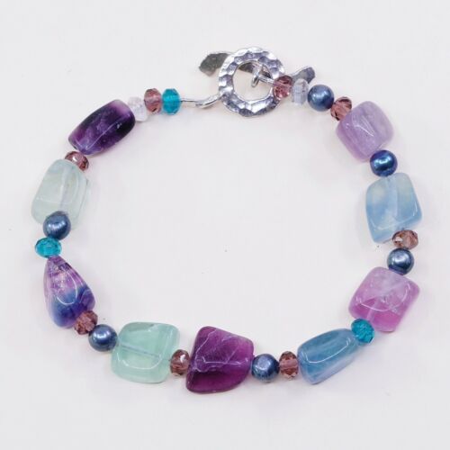 7.25”, Vtg Mexico Sterling 925 Silver Handmade Fluorite Nugget Bead Bracelet