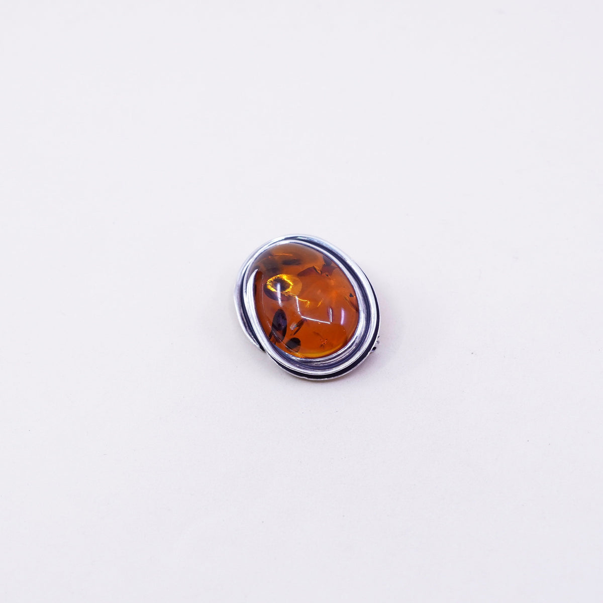 Vintage sterling silver handmade brooch, 925 oval amber pin pendant