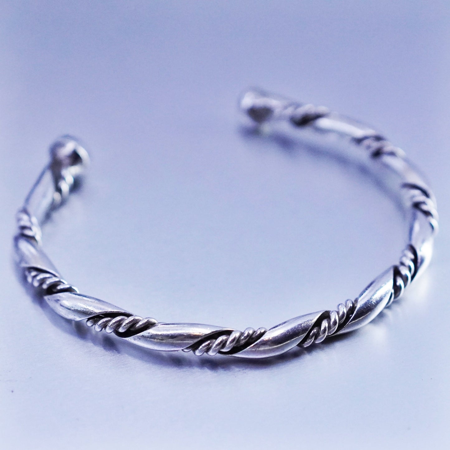 6.75”, Sterling 925 silver handmade bracelet, twisted cable cuff with bead ends