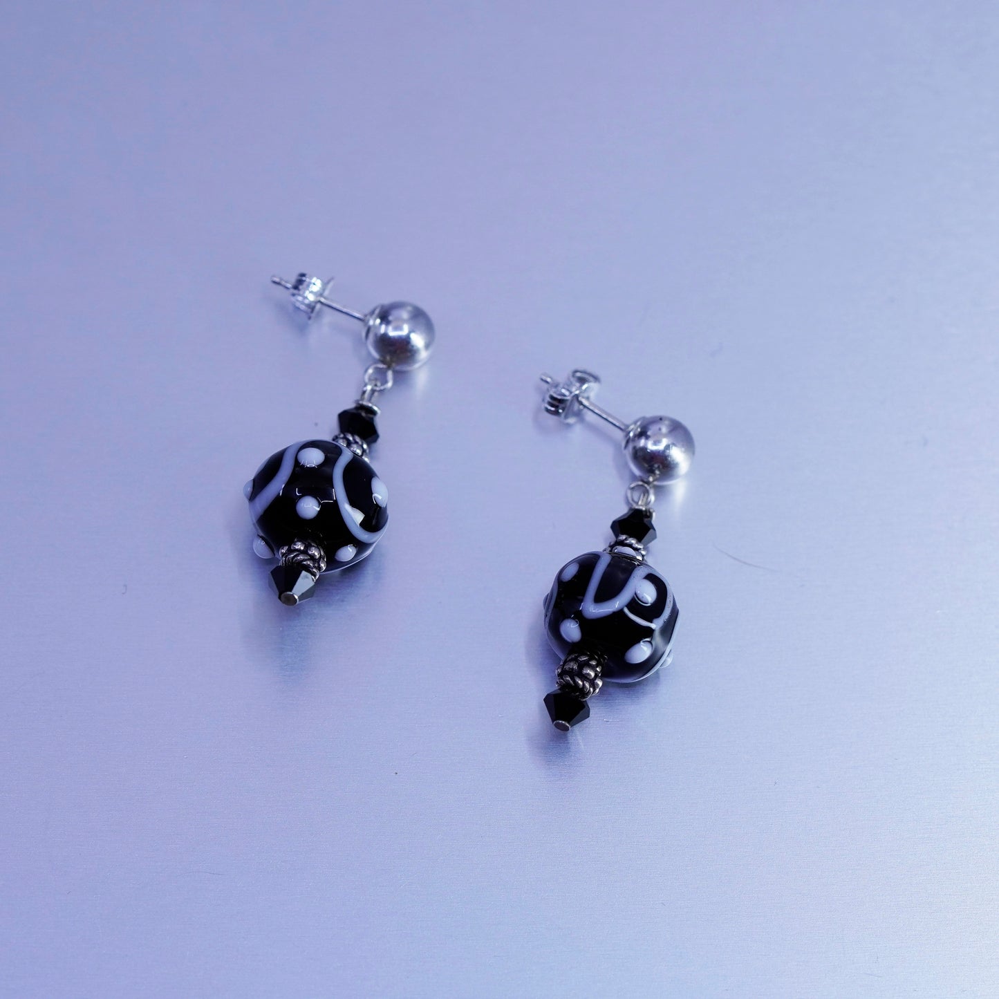 Italian sterling 925 silver earrings, authentic black artisan glass
