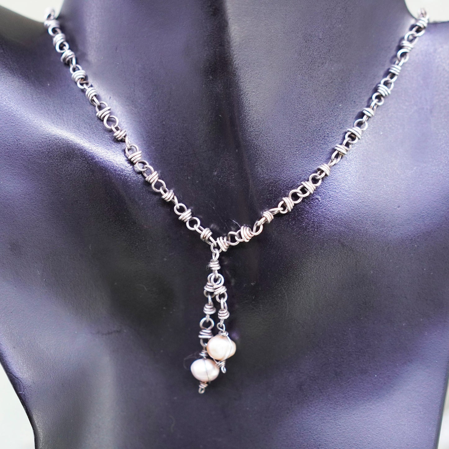 16”, vintage sterling 925 silver handmade necklace, circle chain with pearl