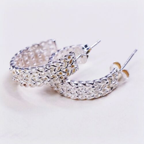 0.75”, vtg sterling silver handmade earrings, 925 Huggie w/ filigree textured