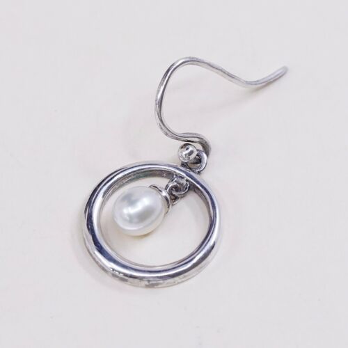 Vtg Modern, Elegant STERLING 925 SILVER Circle earrings with pearl Dangles