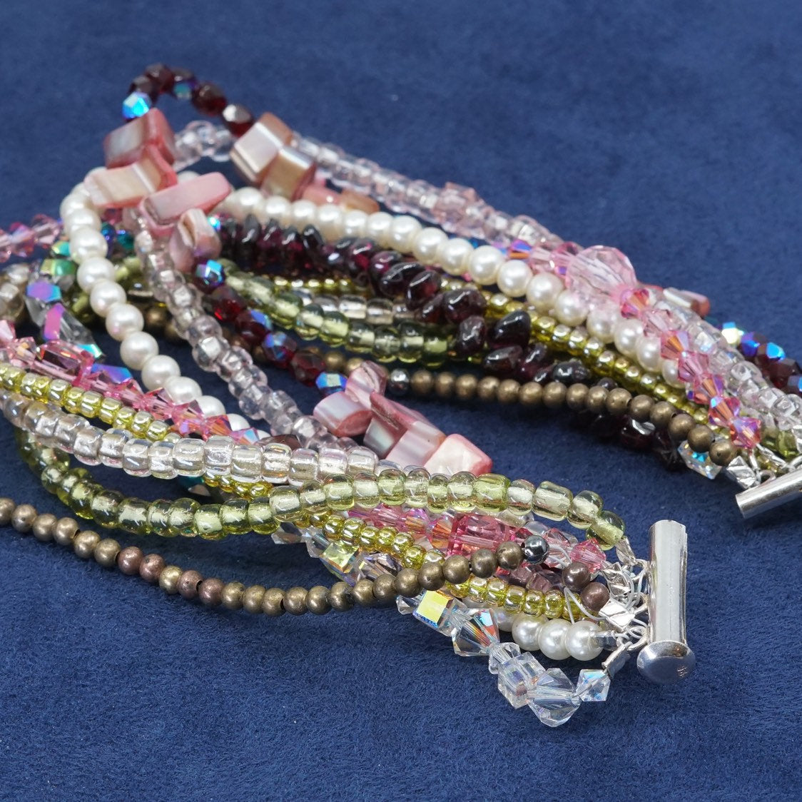 7.25”, vtg sterling silver handmade bracelet, 925 w/ colorful crystal beads
