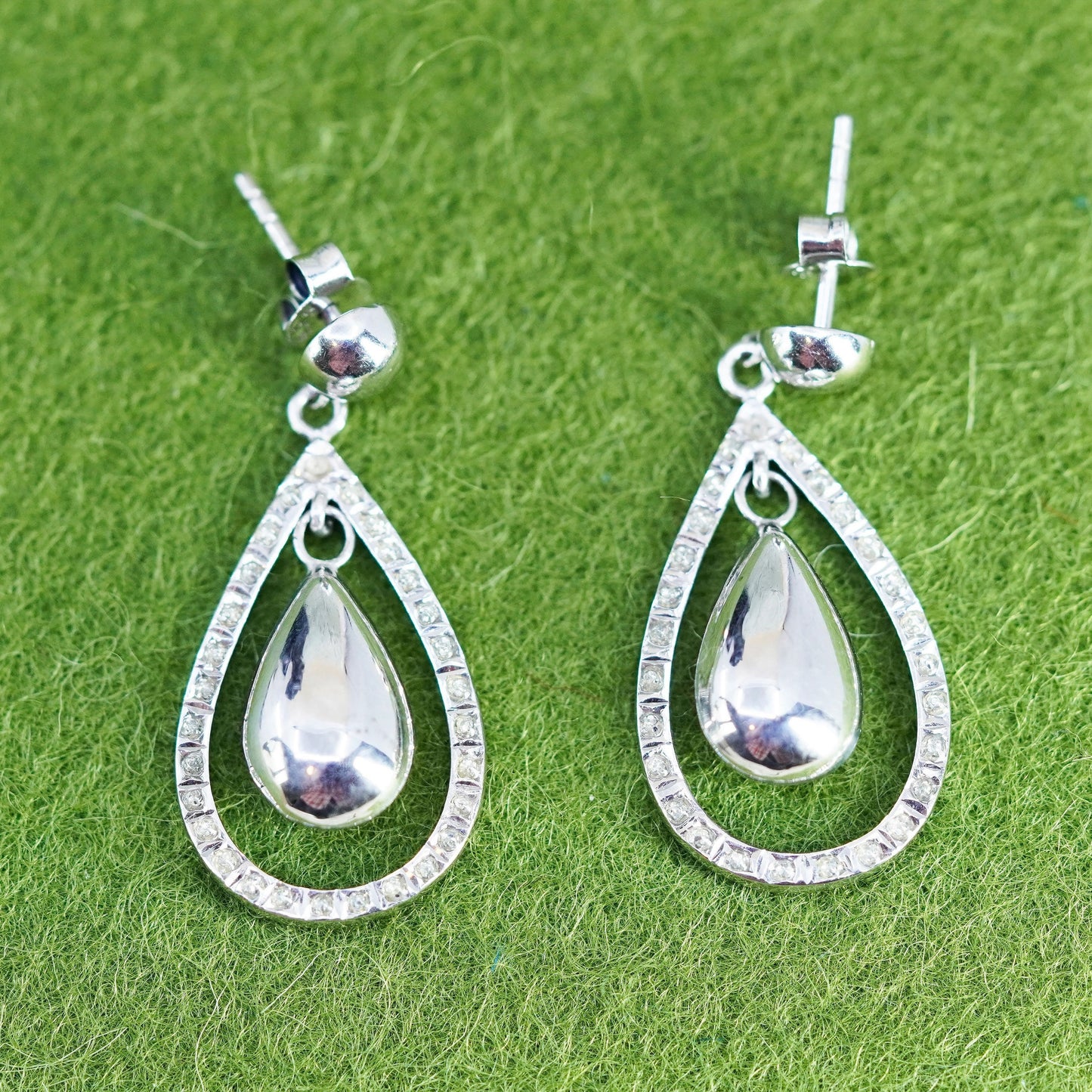 Vintage Sterling silver handmade earrings, 925 teardrop drops with cz around