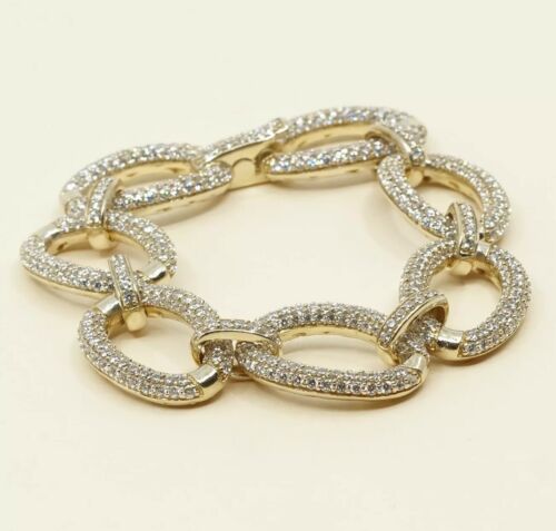 6.5”, Vintage Gold Over Sterling Oval Link Bracelet W/ Cluster Crystal, 925